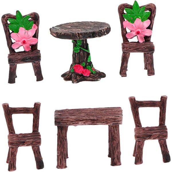 6-teiliges Set aus Miniatur-Feengartentisch und Stühlen für Puppenhäuser