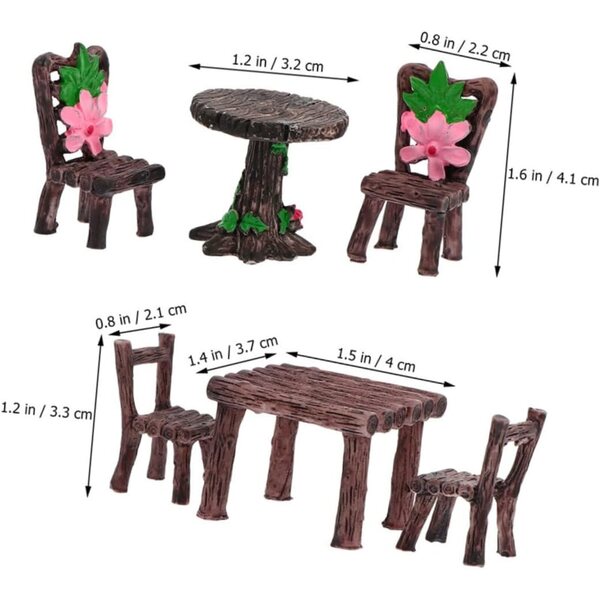6-teiliges Set aus Miniatur-Feengartentisch und Stühlen für Puppenhäuser