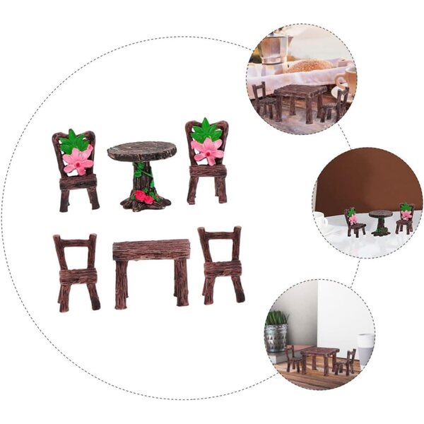 6-teiliges Set aus Miniatur-Feengartentisch und Stühlen für Puppenhäuser