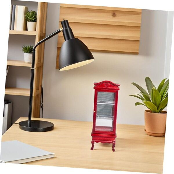 INOOMP Miniatur-Bücherregal aus rotem Massivholz für Puppenhaus, geschwungenes Design