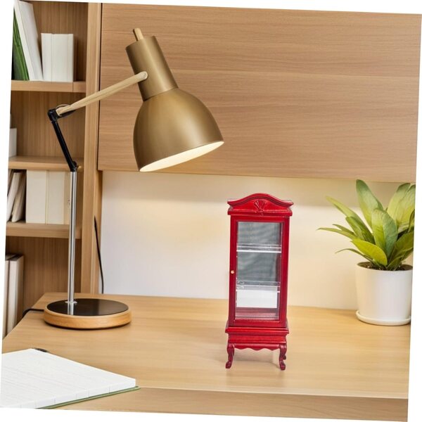 INOOMP Miniatur-Bücherregal aus rotem Massivholz für Puppenhaus, geschwungenes Design