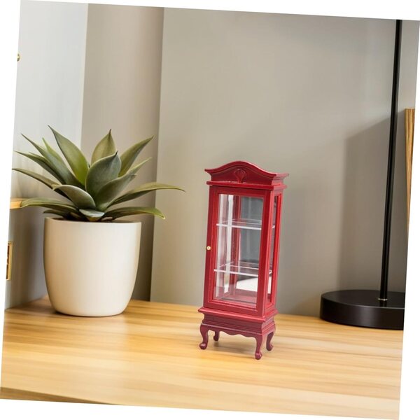 INOOMP Miniatur-Bücherregal aus rotem Massivholz für Puppenhaus, geschwungenes Design