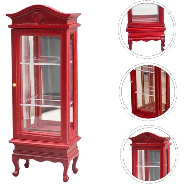 INOOMP Miniatur-Bücherregal aus rotem Massivholz für Puppenhaus, geschwungenes Design