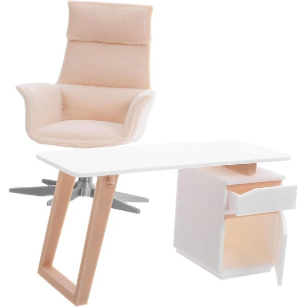 Beige Puppenhaus-Miniaturmöbel-Set: Robuster und realistischer Schreibtisch und Stuhl