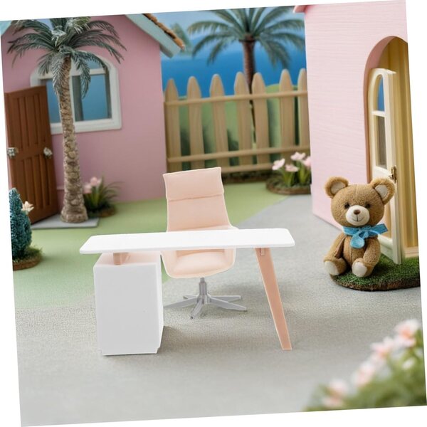 Beige Puppenhaus-Miniaturmöbel-Set: Robuster und realistischer Schreibtisch und Stuhl