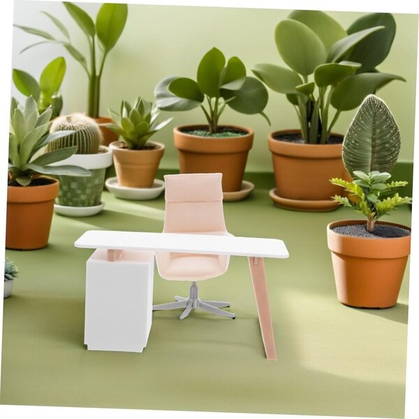 Beige Puppenhaus-Miniaturmöbel-Set: Robuster und realistischer Schreibtisch und Stuhl