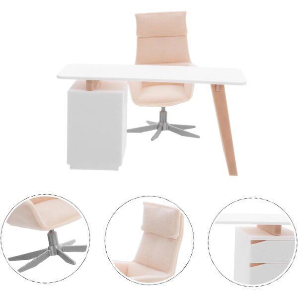Beige Puppenhaus-Miniaturmöbel-Set: Robuster und realistischer Schreibtisch und Stuhl