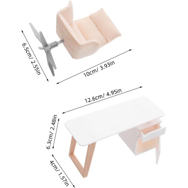 Miniatur-Schreibtisch- und Bürostuhl-Set für Puppenhäuser in Beige PLA