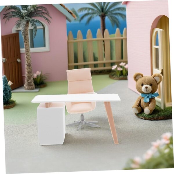 Miniatur-Schreibtisch- und Bürostuhl-Set für Puppenhäuser in Beige PLA