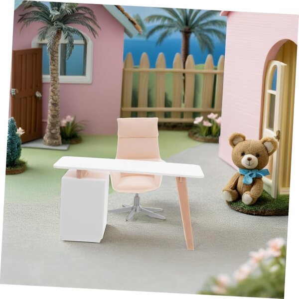 Miniatur-Schreibtisch- und Stuhlset für Puppenhaus-Büromöbel Beige