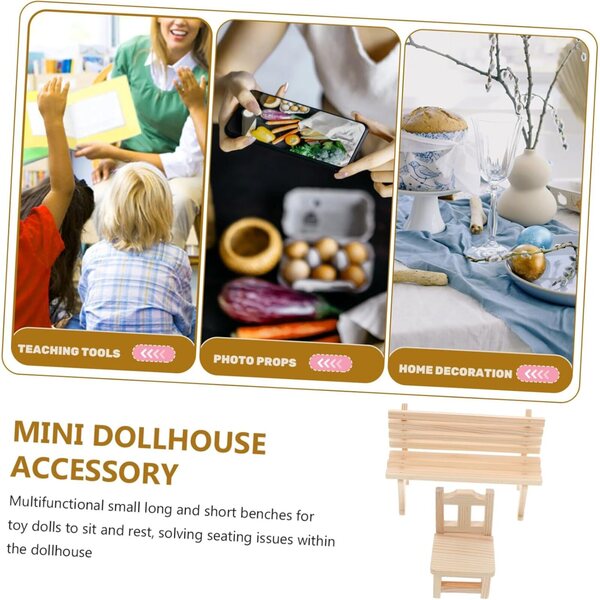 Hemobllo Set 2 Mini-Holzmöbel für Puppenhäuser: Beige Bank und Stuhl