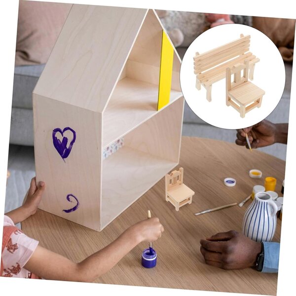 Hemobllo Set 2 Mini-Holzmöbel für Puppenhäuser: Beige Bank und Stuhl