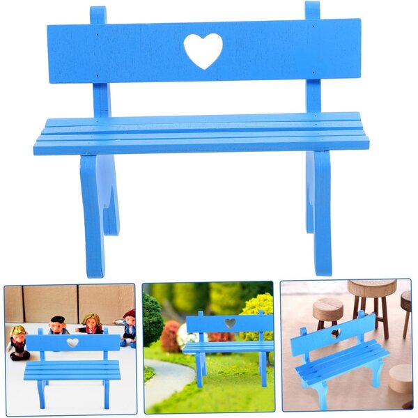 Blaue Mini-Holzbank für Puppenhäuser und Miniaturumgebungen, 16,5 x 14 x 8 cm