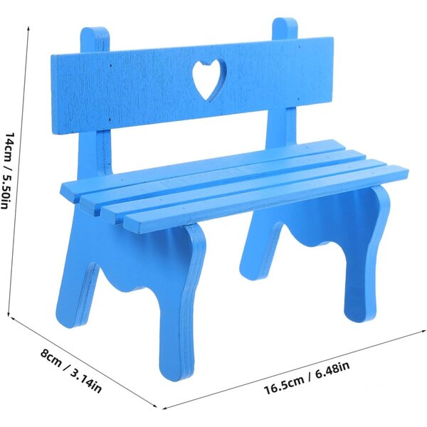 Blaue Mini-Holzbank für Puppenhäuser und Miniaturumgebungen, 16,5 x 14 x 8 cm