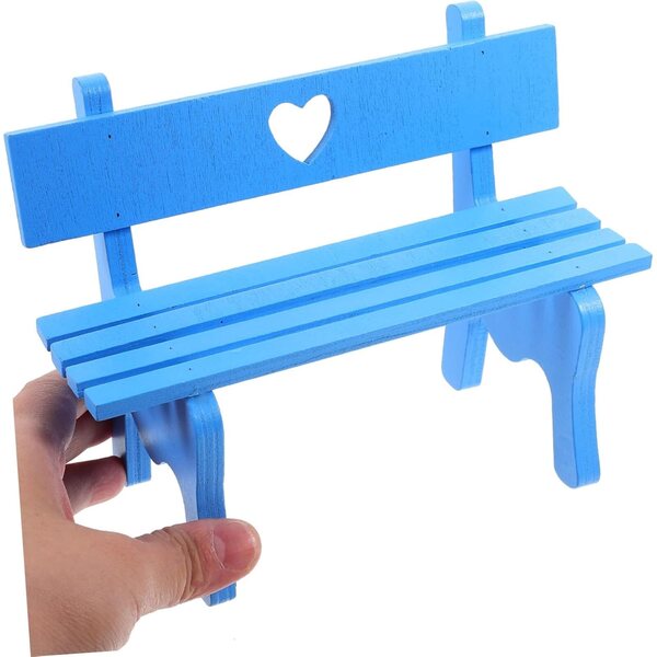 Blaue Mini-Holzbank für Puppenhäuser und Miniaturumgebungen, 16,5 x 14 x 8 cm