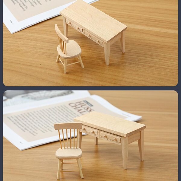 1:12 Miniatur-Tischstuhl aus Eichenholz für Puppen – robustes und detailliertes Set