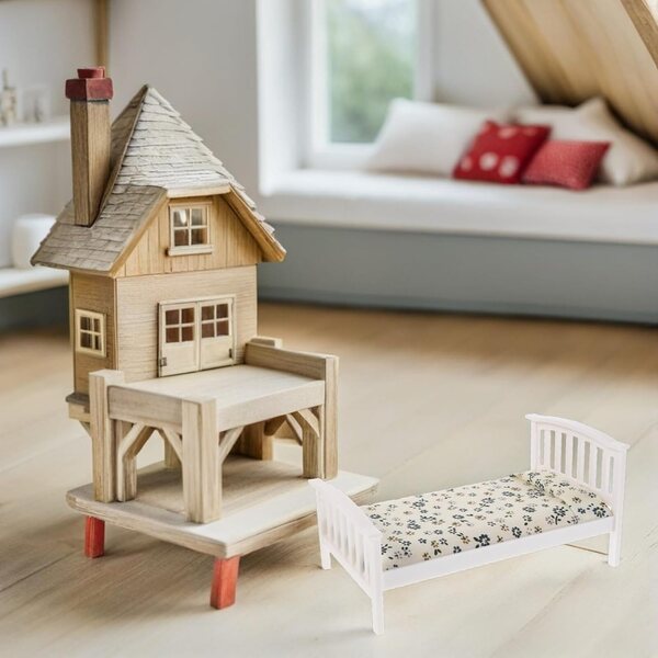 Letto singolo in miniatura con materasso e cuscino floreali - Mobili per casa delle bambole