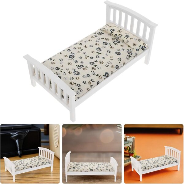 Letto singolo in miniatura con materasso e cuscino floreali - Mobili per casa delle bambole