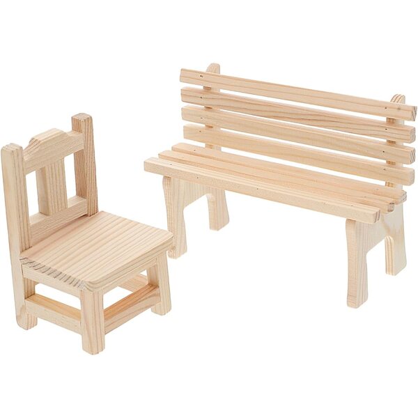 Set 2 Miniature Sedie e Panche in Legno Beige per Casa delle Bambole e Giardino