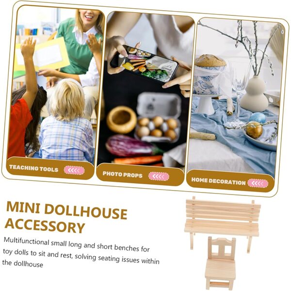 Set 2 Miniature Sedie e Panche in Legno Beige per Casa delle Bambole e Giardino