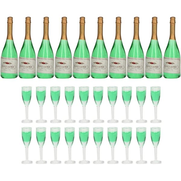 Puppenhaus-Miniatur-Champagner-Set mit 10 Flaschen und 20 PVC-Gläsern