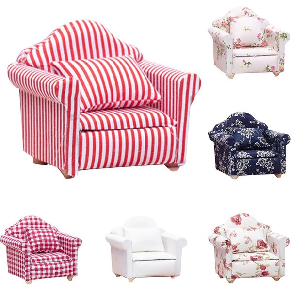 1:12 Doppelsofa aus Holz für Puppenhaus-Wohnzimmer, Blumenstoff