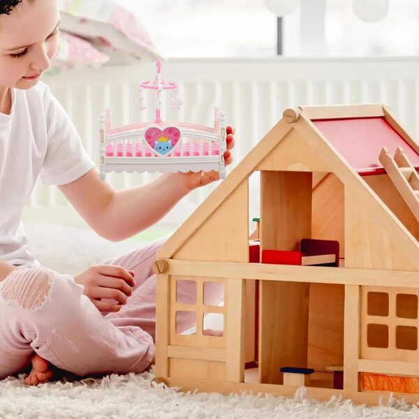 Puppenhaus-Wiege aus rosa und weißem ABS, Kinderspielmöbel 12,5 x 7,3 x 11 cm