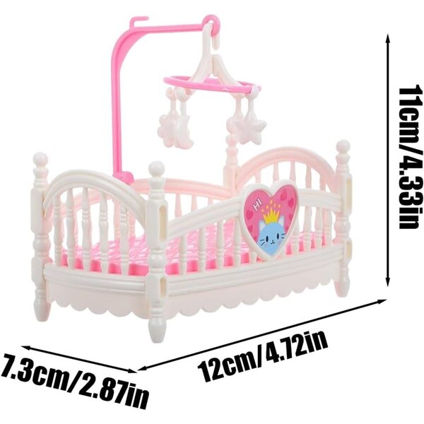 Puppenhaus-Wiege aus rosa und weißem ABS, Kinderspielmöbel 12,5 x 7,3 x 11 cm
