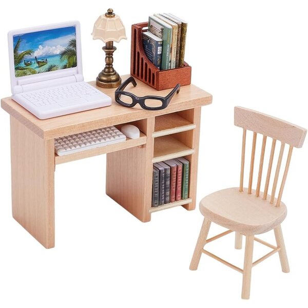 FREEBLOSS Set mobili casa delle bambole miniatura 17 pezzi con libreria e lampada