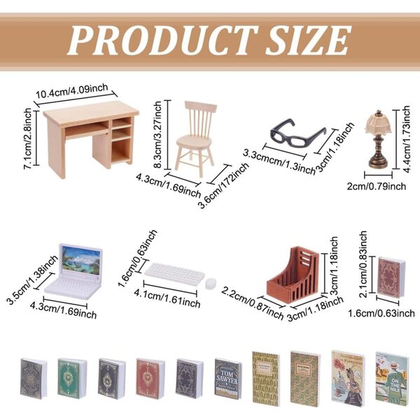 FREEBLOSS Set mobili casa delle bambole miniatura 17 pezzi con libreria e lampada