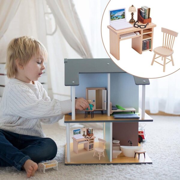 FREEBLOSS Set mobili casa delle bambole miniatura 17 pezzi con libreria e lampada