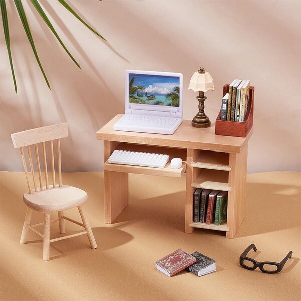 FREEBLOSS Set mobili casa delle bambole miniatura 17 pezzi con libreria e lampada