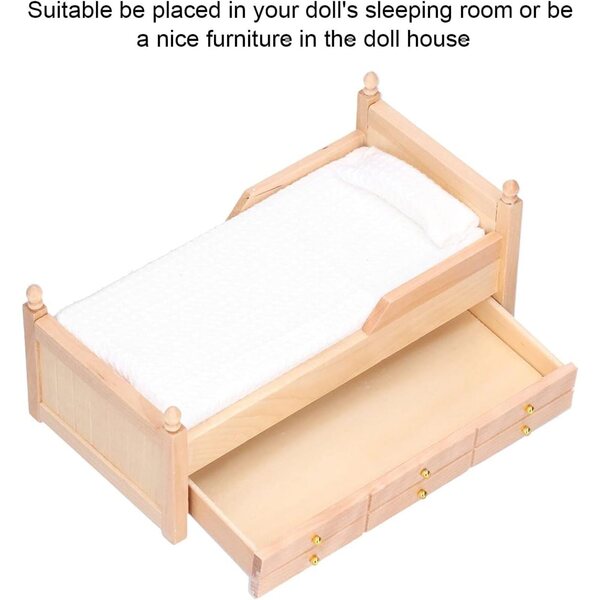 Letto Miniatura in Legno per Bambole 1:12 - Letto per Bambole 12 Pollici con Tessuto Crema