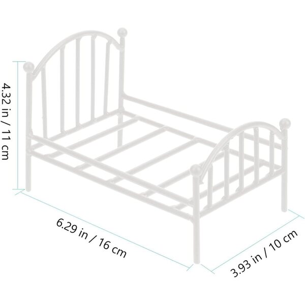Letto in miniatura in metallo vintage per casa delle bambole, dimensioni 16x11x10 cm