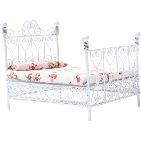 VICASKY Doppelbett, Miniatur-Metall, europäischer Stil, Maßstab 1:12, Weiß