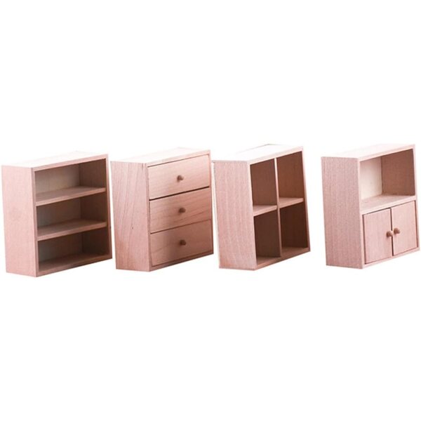 VICASKY Set mit 4 rosa Mini-Holzschränken für Puppenhaus, Miniatur-Bücherregal