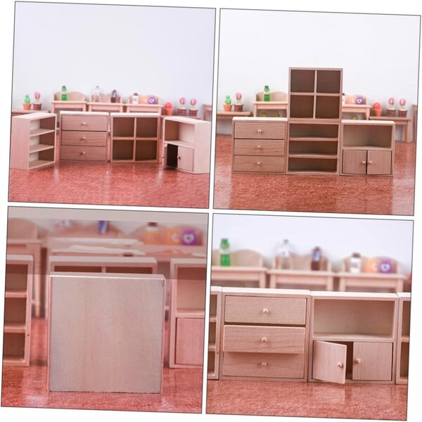 VICASKY Set 4 Mini Mobiletti in Legno Rosa per Casa delle Bambole, Libreria Miniatura