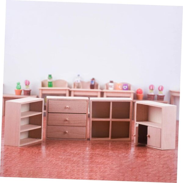 VICASKY Set 4 Mini Mobiletti in Legno Rosa per Casa delle Bambole, Libreria Miniatura