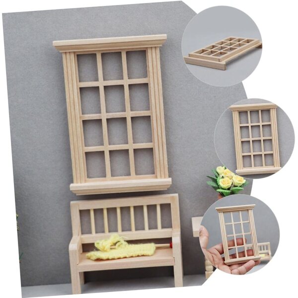 VICASKY 1:12 Mini-Holzfenster für Puppenhäuser, Beige, realistische Dekoration
