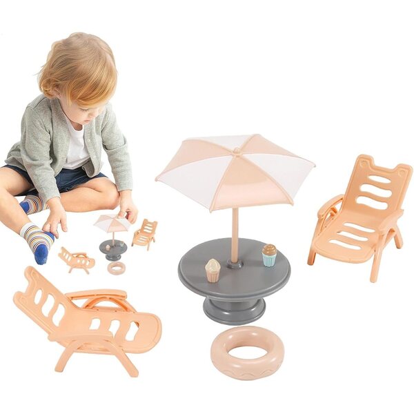 Accessori Miniatura per Casa delle Bambole Spiaggia con Ombrello e Lettini Fayarrd