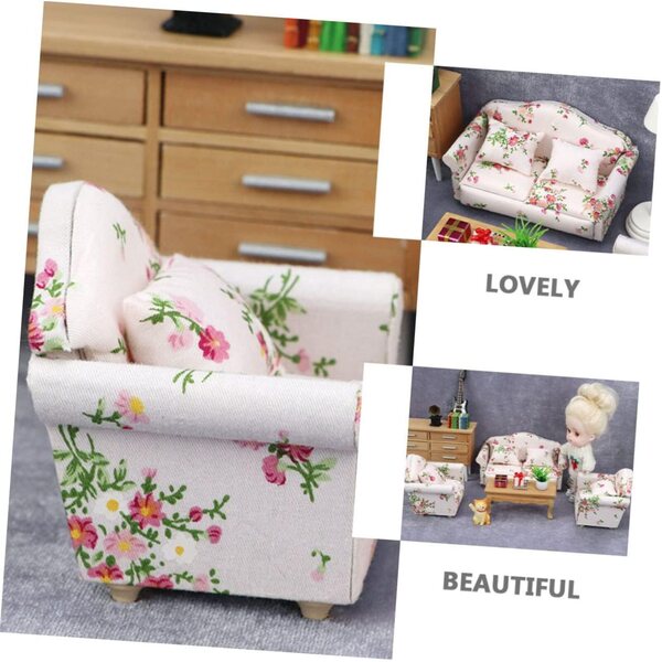 VICASKY Mini-Sofa aus Holz mit Blumenmuster für Miniaturhäuser, 13,5 x 7,2 x 6,4 cm
