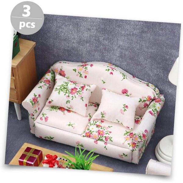 VICASKY Mini-Sofa aus Holz mit Blumenmuster für Miniaturhäuser, 13,5 x 7,2 x 6,4 cm