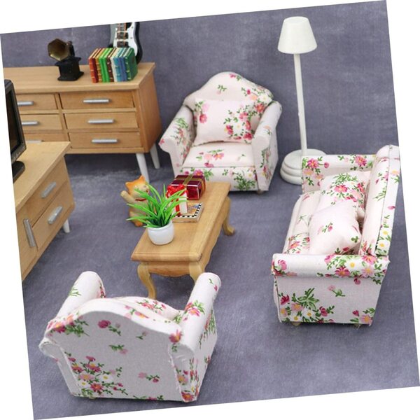 VICASKY Mini-Sofa aus Holz mit Blumenmuster für Miniaturhäuser, 13,5 x 7,2 x 6,4 cm