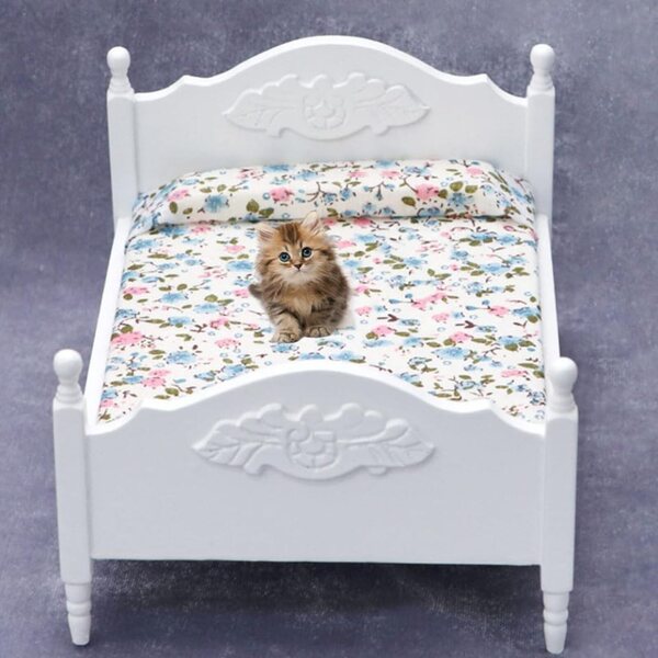 VICASKY Mini Letto Matrimoniale in Legno e Tessuto, Mobili in Miniatura Bianchi