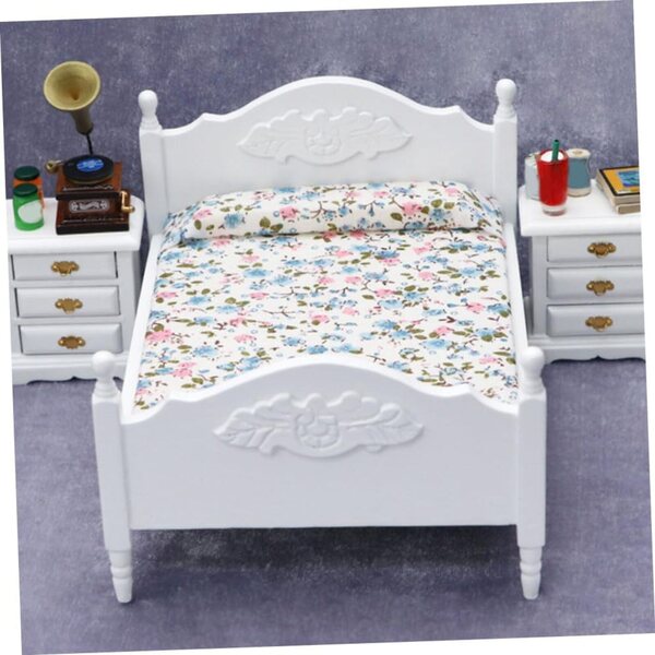 VICASKY Mini Letto Matrimoniale in Legno e Tessuto, Mobili in Miniatura Bianchi
