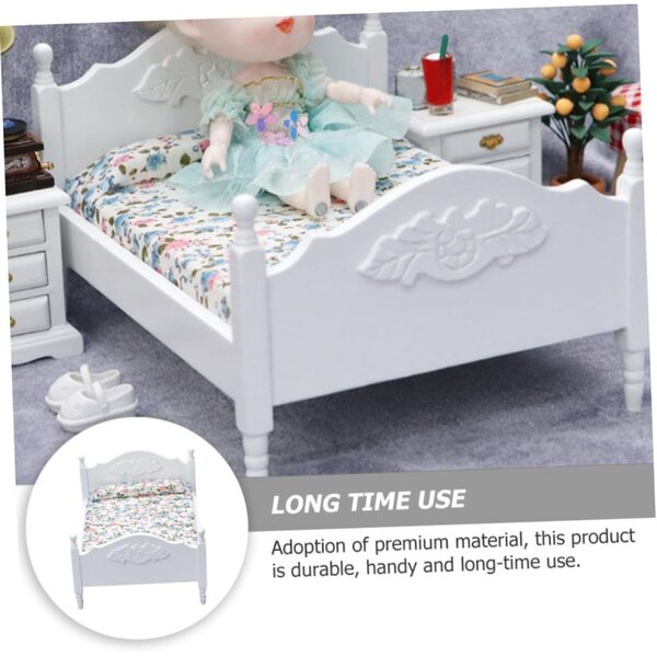 VICASKY Mini Letto Matrimoniale in Legno e Tessuto, Mobili in Miniatura Bianchi