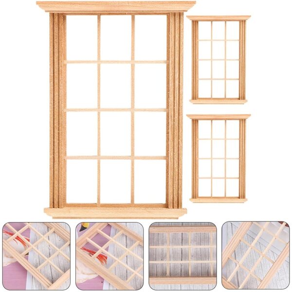 VICASKY Puppenhaus Miniatur 1:12 Set 3 hellbraune Holzfenster
