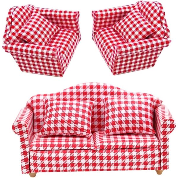 Mini divano modello a quadri VICASKY - set 3 pezzi per casa delle bambole scala 1:12