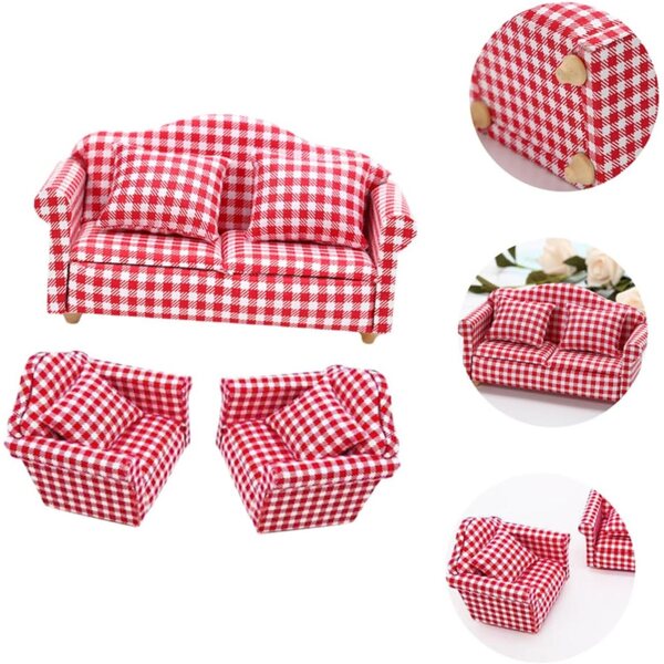 Mini divano modello a quadri VICASKY - set 3 pezzi per casa delle bambole scala 1:12