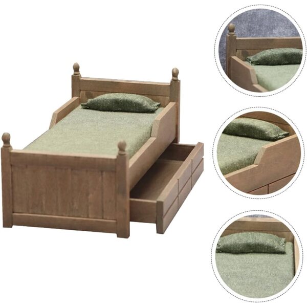 VICASKY Antikes Puppenhaus-Miniaturbett, dekoratives Holzmodell